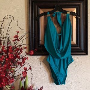 NWOT Teal monokini w/ gold and draped front Sz M